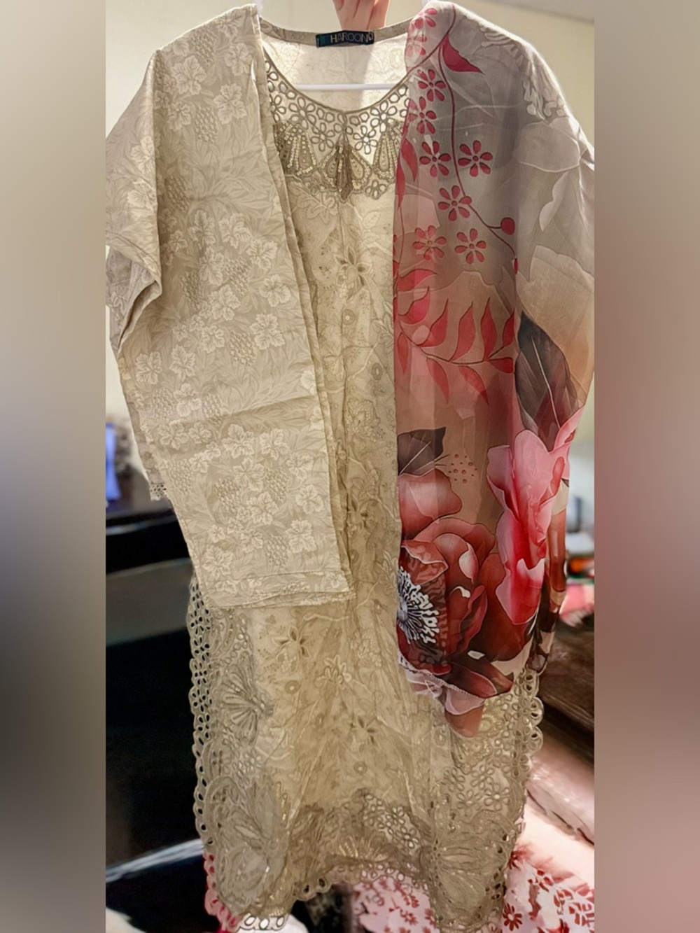 Beige Embroidered Tunic with Pink Floral Scarf